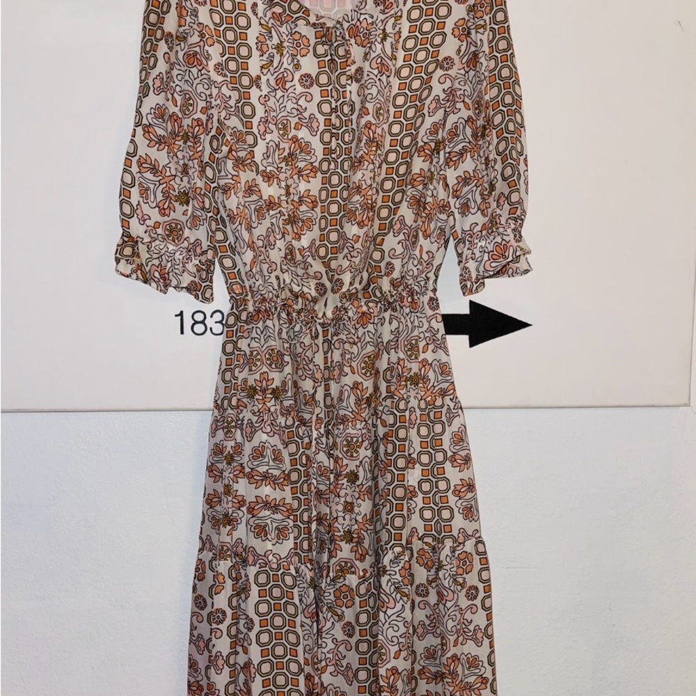 Tory Burch Silk Dress Geometric Floral Long Sleeve Dress - Picture 6 of 11